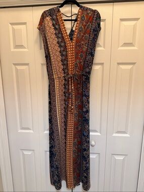Boho Print Maxi Dress in Navy & Rust - Unknown Brand